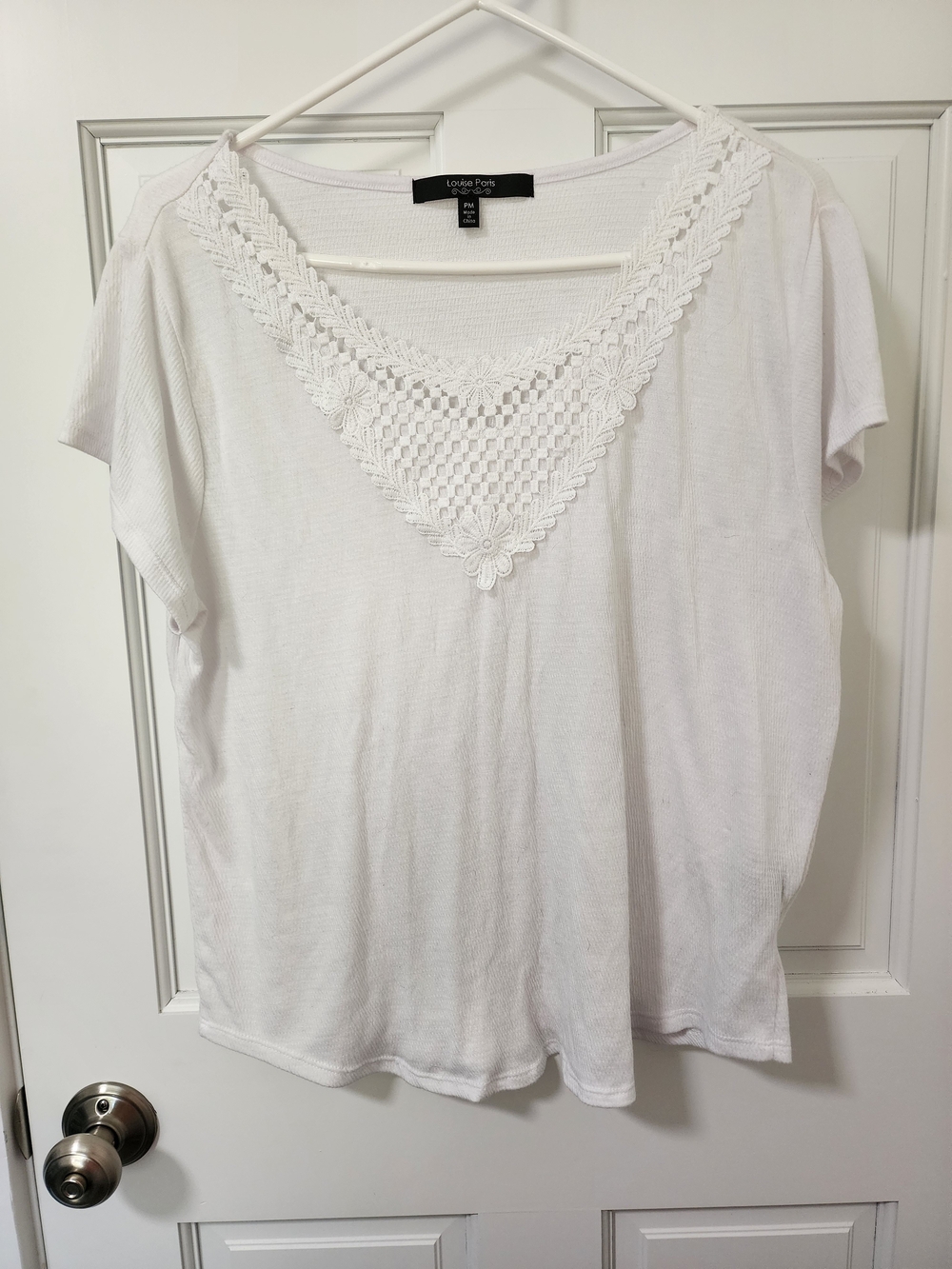 Louise Paris White Short Sleeve Tee with Crochet V-Neck